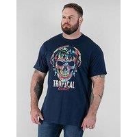 D555 Tropical Skull Printed Crew Neck T-Shirt - Navy