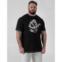 D555 Gorilla Playing Guitar Printed Crew Neck T-Shirt - Black