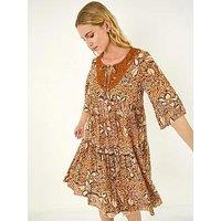 Roman Abstract Print Trim Detail Tie Front Dress