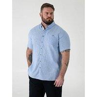 D555 Linen Mix Short Sleeve Shirt With Button Down Collar & Pocket - Blue