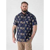 D555 Printed Jacquard Short Sleeve Button Down Collar Shirt With Pocket - Navy
