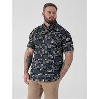 D555 Geometric Print Short Sleeve Button Down Collar Shirt - Navy
