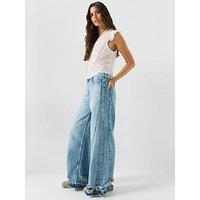 Free People Frayed Seam Wide Leg Jeans With Distressed Panel Detail - Blue