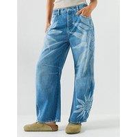 Free People Printed Barrel Leg Jeans - Blue