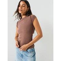 Free People Ribbed Crew Neck Cap Sleeve T-Shirt - Brown