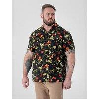 D555 Hawaiian Printed Cuban Collar Resort Short Sleeve Shirt - Black