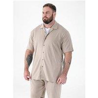 D555 Stone Stretch Cuban Collar Resort Short Sleeve Shirt - Beige