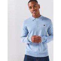 Pretty Green Merino Knitted Long Sleeve Polo Shirt - Blue