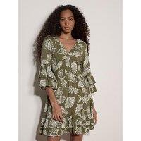 Apricot Bell Sleeve Smocked Waist Dress - Green