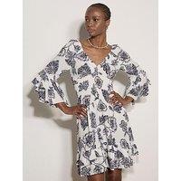 Apricot Bell Sleeve Smocked Waist Dress - Blue