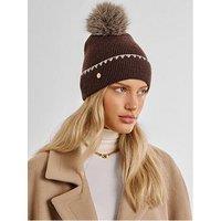 Katie Loxton Whipstitch Pom Pom Knitted Hat - Chocolate