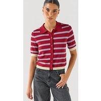 Vero Moda Women'S Striped Polo Collar Short Sleeve Cardigan - Red