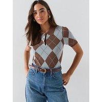 Vero Moda Vmdiva Short Sleeve Argyle Jumper - Brown