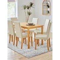 The Very Collection Primo Oak 150Cm & 6 Faux Leather Cream Chairs