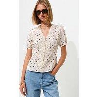 New Look Crinkle Texture Spot Print Lace Trim Button Tea Blouse - Brown