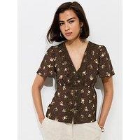 New Look Floral Spot Lace Trim Blouse - Brown