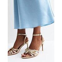 New Look Cracked Faux Leather Bow Strap Sandals - Gold