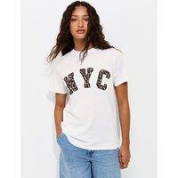 New Look Cotton Leopard Print Nyc Logo T-Shirt - White