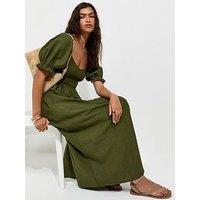 New Look Shirred Bodice Puff Sleeve Dress - Green
