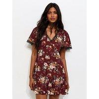 New Look Floral Lace Trim Mini Tea Dress - Red