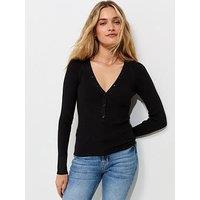New Look Ribbed Knit Lightweight Henley Top - Black
