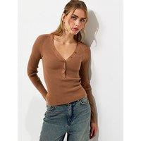 New Look Ribbed Knit Lightweight Henley Top - Brown