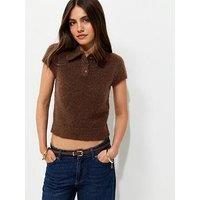 New Look Brushed Knit Short Sleeve Polo Top - Brown