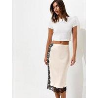 New Look Satin Lace Trim Midi Skirt - Cream