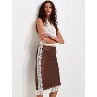New Look Satin Lace Trim Midi Skirt - Brown