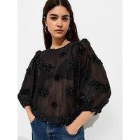 New Look Floral Applique Cropped Sleeve Smock Top - Black