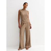 New Look Crinkled Striped Wide Leg Trousers - Brown