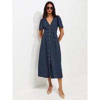 New Look Button Front Flutter Sleeve Midi Dress - Blue