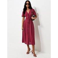 New Look Button Front Flutter Sleeve Midi Dress - Red