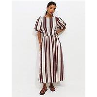 New Look Women'S Cotton Striped Shirred Waist Puff Sleeve Midi Dress - Cream