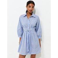 New Look Cotton Striped Puff Sleeve Mini Shirt Dress - Blue