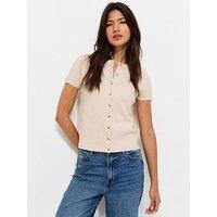 New Look Knit Short Sleeve Buttoned Top - Cream