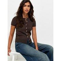 New Look Compact Knit Cap Sleeve Buttoned Top - Dark Brown