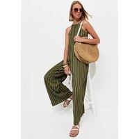 New Look Crinkle Texture Striped Halter Neck Jumpsuit - Green