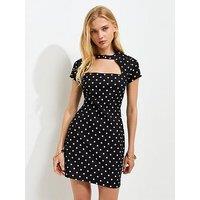 New Look Polka Dot Cut Out Neck Mini Dress - Black