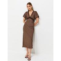 New Look Check Lace Trim Puff Sleeve Midi Dress - Brown