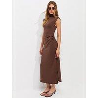 New Look High Neck Ruched Sleeveless Midi Dress - Brown