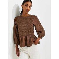 New Look Shirred Long Sleeve Blouse - Brown