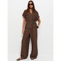 New Look Crinkle Texture Wide Leg Trousers - Brown