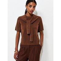 New Look Brushed Knit Scarf Detail Short Sleeve Top - Brown