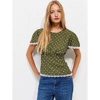 New Look Spot Print Lace Trim Blouse - Green