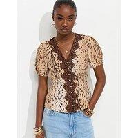 New Look Crinkle Texture Animal Print Lace Trim Tea Blouse - Brown