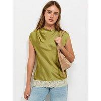 New Look Cowl Neck Lace Hem Satin Blouse - Green
