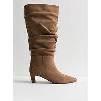 New Look Camel Faux Suede Ruched Knee High Boots