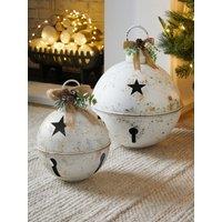 Festive Pack Of 2 Hanging White Rustic Bell Christmas Tree Decorations