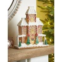 Festive Lit Polyresin Gingerbread House With Christmas Trees Battery Operated - 26Cm